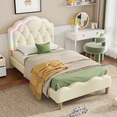 Gutent Kinderbed, Wit (Zonder matras), 90x200 cm , Gestoffeerd bed, kinderbed met kleurrijke afwisselende LED-lichtstroken, eenpersoonsbed met houten lattenbodem, PU