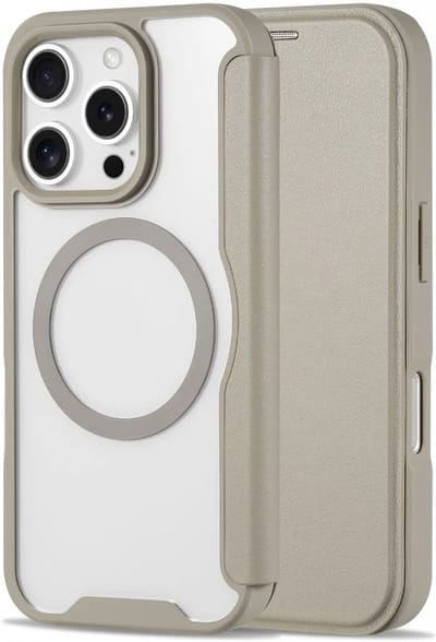 Portemonnee Hoesje Geschikt voor Apple iPhone 16 Pro | Compatibel met MagSafe | Wallet Book Case met Magneet | Beschermhoes met Pasjeshouder | Transparant / Beige