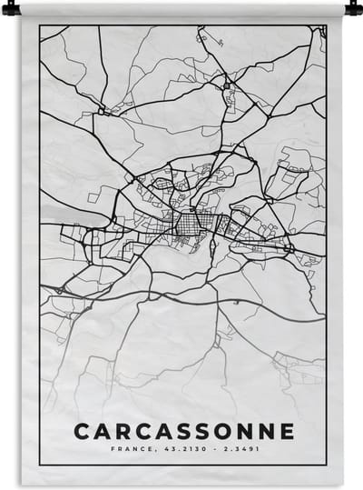 Wandkleed - Wanddoek - Kaart - Plattegrond - Frankrijk - Stadskaart - Carcassonne - Zwart wit - 120x180 cm - Wandtapijt