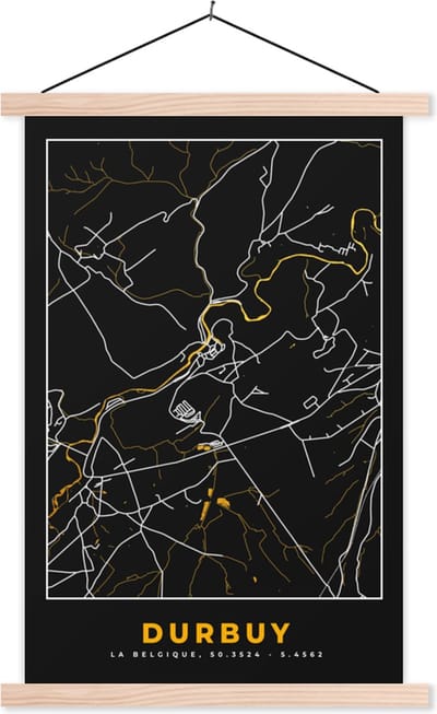 Posterhanger incl. Poster 40x60 cm - Schoolplaat - Stadskaart - Durbuy - Goud - Plattegrond - Kaart - Textielposter - Blanke latten - Stadskaart
