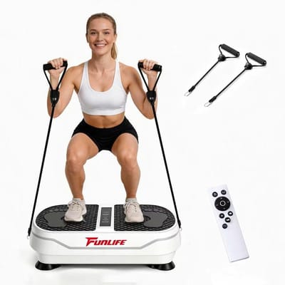 Funlife V8 Trilplaat Wit - Vibratieplaat voor Thuis - 180 Standen - 5 Programma's - Bluetooth Speaker - Met Weerstandsbanden en Afstandsbediening - Max. 120 kg