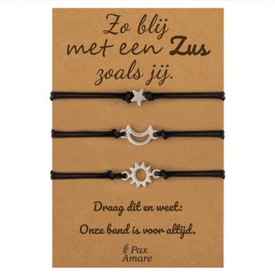 Vriendschapsarmbandjes voor 3 "Zo blij met een zus zoals jij" - Bloemen - Sisters Armbandjes met Cadeau Kaartje - Roze & Blauw - Elastisch Verstelbaar - Pax Amare