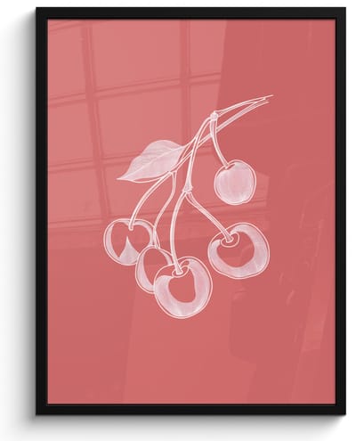Poster in lijst - Fotolijst 50x70 cm - Posters - Lijnillustratie - Kersen - Tak - Wit - Posterlijst zwart - Decoratie - Wanddecoratie woonkamer - Muurdecoratie slaapkamer