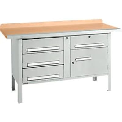 Box-type werkbank Schäfer Shop Select PWi 150-5, beuken multiplex blad, met stalen rand, tot 750 kg, B 1500 x D 700 x H 840 mm, lichtgrijs