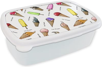 Broodtrommel Wit - Lunchbox - Brooddoos - IJshoorntjes - IJs - Patroon - 18x12x6 cm - Volwassenen