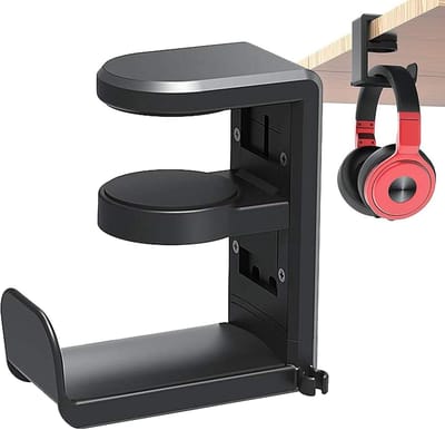 Headset Houder - Headset Haak - Hoofdtelefoon Hanger - Headset Standaard - Koptelefoon Houder voor onder Bureau - Hoofdtelefoon Hanger met Verstelbare & Roterende Arm Klem - Zwart - 1 Stuk