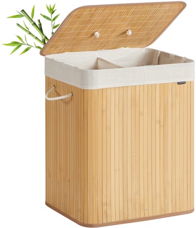 Dailygoods- Wasmand met Deksel - 2 Compartimenten - 120 Liter - Opvouwbaar - Bamboe - Machinewasbaar - Stabiel tot 20 kg - Wascontainer