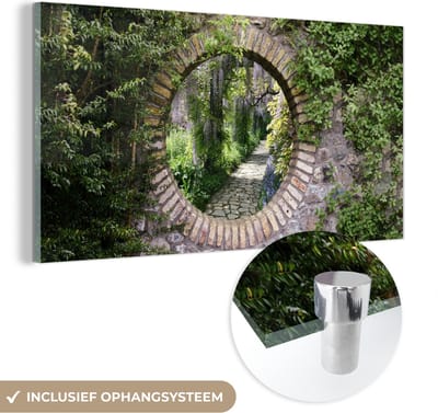 MuchoWow® Glasschilderij 40x20 cm - Schilderij acrylglas - Bos - Stenen - Doorkijk - Pad - Foto op glas - Schilderijen