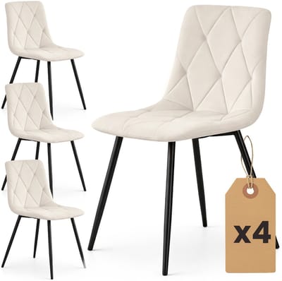 Set van 4 Eetkamerstoelen MILO / Gestoffeerde Stoelen / Fluwelen Stoelen en Metalen Poten / Beige met zwarte benen