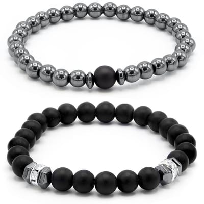 Victorious Set Natuurstenen/Stalen Kralen Armbanden Heren – RVS Roestvrij Staal– Zwart/Zilver – 17.5cm