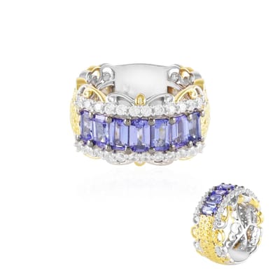 Cavill - Elegante Ring 925 Sterling Zilver Palladium - 1,701 ct Tanzaniet en 0,756 ct Zirkonia - Achthoekige Smaragdslijpsel