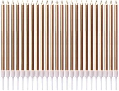 Dailygoody - Lange metallic verjaardagskaarsen - Verjaardag decoratie - Roségoud - Kaarsen met houders - Geschikt voor kinderen en volwassenen