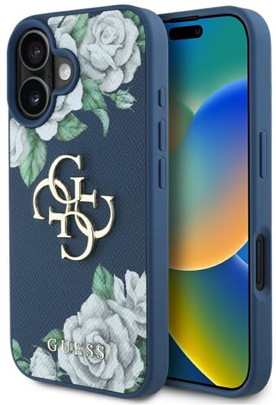 Guess Grained Roses Big 4G - Hoesje - iPhone 16 - Blauw