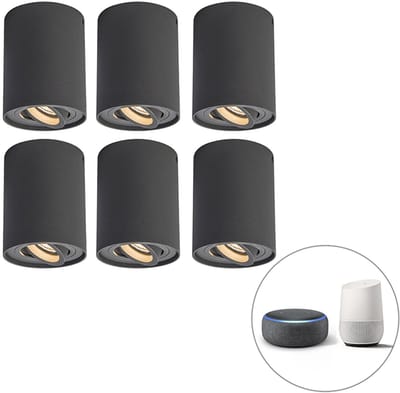 QAZQA rondoo up - Moderne LED Smart Plafondspot | Spotje | Opbouwspot incl. wifi - 6 stuks - Ø 9.5 cm - Donkergrijs - Woonkamer | Slaapkamer | Keuken