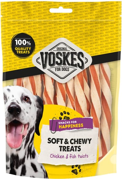 Voskes Hondensnack Twists Kip - Vis - 10 x 100 gr - Voordeelverpakking