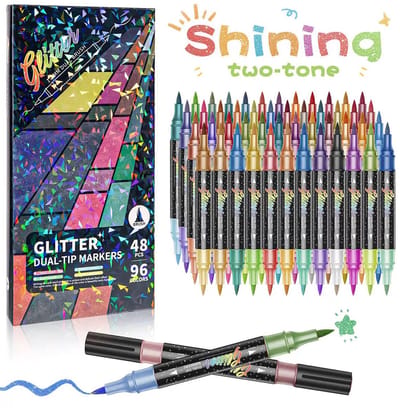Acrylstiften - 48 Stuks / 96 Kleuren - Glitter Dual Tip - Voor Tekenen, Handlettering & Kaarten