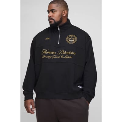 Plus Oversized Boxy Homme Quarter Zip Funnel Neck Sweatshirt | Black | Size 2XL