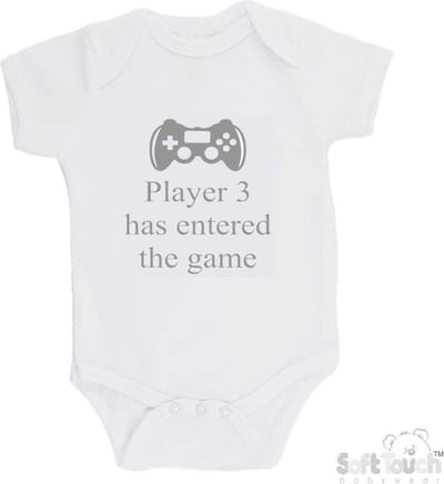 100% katoenen Romper "Player 3 has entered the game" Unisex Katoen Wit/grijs Maat 62/68
