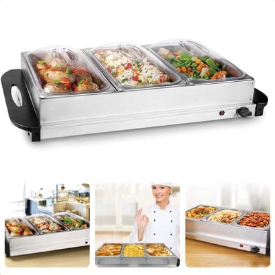 Buffetwarmer - Warmhoudplaat - Voedesel Warmhouden - Voedsel Verwarmer - Warmhoudbakken - 300W - 3 Bakken - 2L - Traploos Instelbaar - Oververhittings-beveiliging - 53x35cm