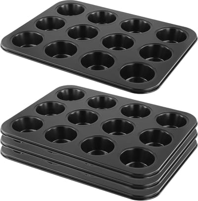 Muffin Bakjes - Cupcake Vormen - Bakken Thuis - Niet-klevend Koolstofstaal - 35x26cm 12 Cups - Zwart