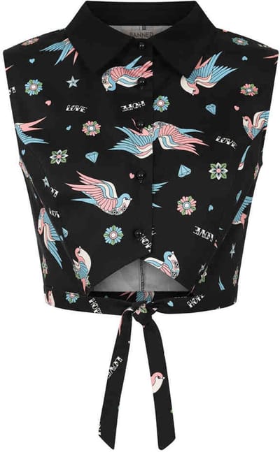 Banned - Marilou Swallows Crop Blouse - XL - Zwart