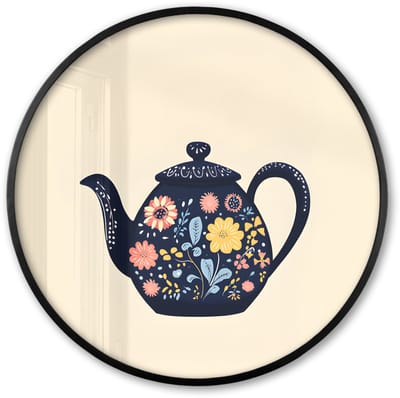 Poster in lijst Rond - Fotolijst 60x60 cm - Posters - Theepot - Kleurrijk - Bloemen - Ronde posterlijst zwart - Decoratie - Wanddecoratie woonkamer - Muurdecoratie slaapkamer