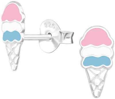 Joy|S - Zilveren ijsje oorbellen - 5 x 10 mm - zilver met pastel roze wit blauw - kinderoorbellen