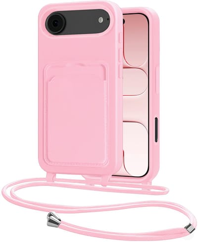 Hoes Geschikt voor iPhone Air Hoesje Pasjeshouder Cover Met Koord Case Siliconen Hoes Met Telefoonkoord en Kaarthouder - Lichtroze