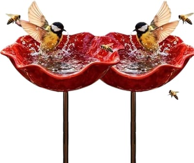 2-delige set - Bloemvormig inzetstuk - Vogelbadbakje voor in de tuin - Waterdispenserstandaard - Bloemvormig waterstation - Geschikt voor tuinen en terrassen - 15*15*60 cm - Rood