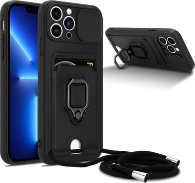 Cadorabo Telefoonketting Hoesje met standfunctie geschikt voor Apple iPhone 13 PRO in ZWART - Siliconen beschermhoes met verstelbare koordband