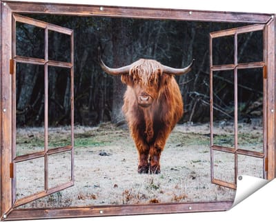 Gards Tuinposter Doorkijk Schotse Hooglander bij het Bos - 150x100 cm - Tuindoek - Tuindecoratie - Wanddecoratie buiten - Tuinschilderij