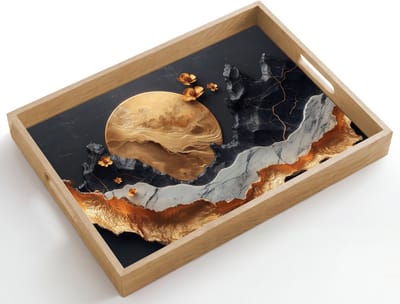Dienblad hout 50x35 cm - Schootdienblad - Kunst - Goud - Modern - Abstract - Borrelplank rechthoek - Plateau dienbladen