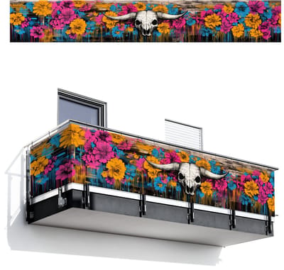 Balkonscherm 500x75 cm - Balkonposter Schedel - Bloemen - Graffiti - Balkon scherm decoratie - Balkonschermen - Balkondoek zonnescherm