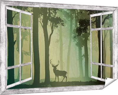 Gards Tuinposter Doorkijk Hert in het Bos - Silhouet - 180x120 cm - Tuindoek - Tuindecoratie - Wanddecoratie buiten - Tuinschilderij