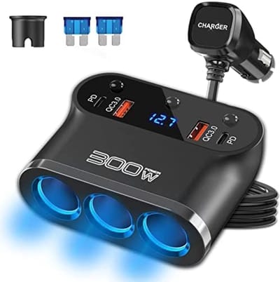300W 12 Volt Multi Socket Cigarette Lighter Autolader Splitter: 7 in 1 Auto USB Sigarettenaansteker Adapter 3 Stopcontact Dual USB PD3.0 en QC3.0 met LED Voltage Schakelaar voor Tablet Telefoon GPS