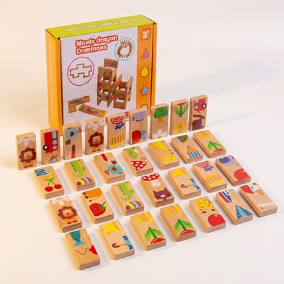 Ryoudavell - 28-delige houten dominopuzzel speelgoed - (Veelkleurig fruit- en dierenontwerp) Educatief speelgoed voor het hele gezin ter ontwikkeling van logisch denken en denkvaardigheden - Cadeau voor peuters en - kinderspeelgoed 3 jaar