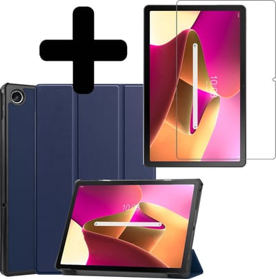 Hoes - Geschikt voor Lenovo Tab M10 Plus (3e / 3rd Generatie) - Met Screenprotector - Trifold Bookcase - Hard Cover - Hardcover Book Case - Tablet Hoesje - Donkerblauw