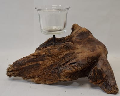 ZoeZo Design - waxinelichtjeshouder - glas - op druivenstronk - robuust - stoer - sober - hout - glas - H13 x Br22 x L19 cm