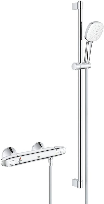 Grohe Grohtherm 1000 Doucheset - thermostatische douchekraan - met glijstangset - 90cm - vierkante handdouche - 2 straalsoorten - gladde doucheslang - chroom