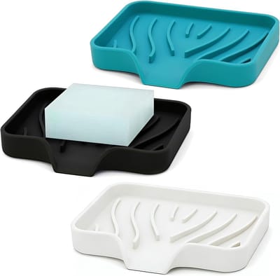 Set van 3 Siliconen Zeepbakjes, Zelfsluitend, Schuin Ontwerp met Afvoergaten, Antislip en Schimmelbestendig voor Badkamer, Keuken en Douche, Makkelijk Schoon te Maken, Groen, Zwart, Wit