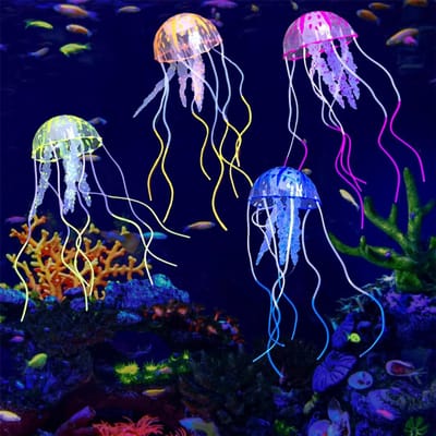 Aquariumdecoratieset met 4 lichtgevende kwal-ornamenten van siliconen, voor een realistische onderwatersfeer in de vijver.