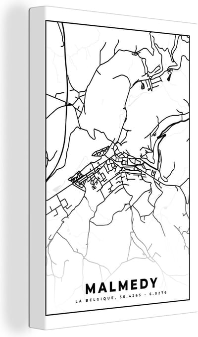 Canvas Schilderij Plattegrond – Malmedy – Zwart Wit – Stadskaart - Kaart - België - 20x30 cm - Wanddecoratie