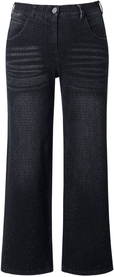 Ulla Popken - Dames - Jeans Mary wijde rechte pijpen siersteentjes - Zwart - Maat 54