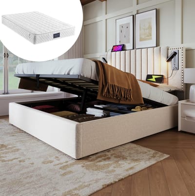 MEUNIQ gestoffeerd tweepersoons bed 140x200 met opbergruimte, verstelbaar hoofdbord, leeslampjes, USB en USB-C, lattenbodem, slaapkamer, beige