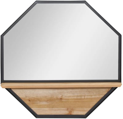 QUESTYR Wandspiegel met Opbergplank – 61×61 cm – Houten Frame & Metalen Plank – Moderne Vierkante Spiegel – Zwart