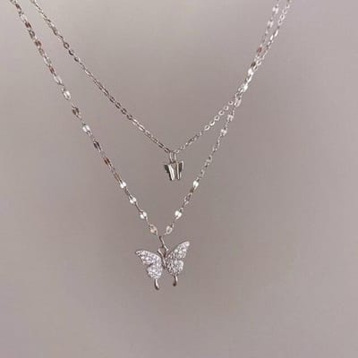 Collier Double Papillon Diamant Flash Argent Sterling 925 pour Femmes Design Simple Cristal Élégant Bijoux de Mariage Cadeaux argenté