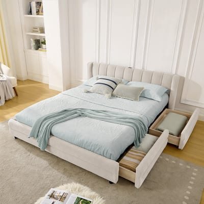DESMIU Gestoffeerd Bed 140x200 cm – Dubbel Bed Met USB Poort – 4 Flexibel Plaatsbare Lades – Voor Slaapkamer of Logeerkamer – Chenille – Beige – Zonder Matras