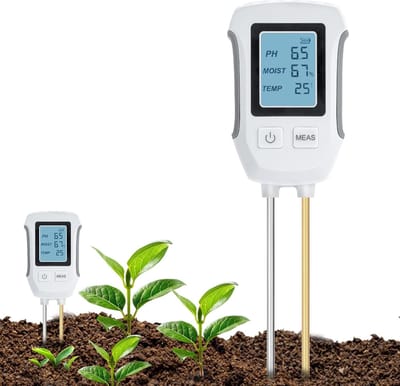 3-in-1 pH-Bodemmeter, Zuur Base Bodemtest, Detectie Temperatuur, Vochtigheidsmeter met LCD-Scherm met Achtergrondverlichting Compatibel met Tuinieren/Potplanten/Boerderij - Wit