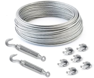 DQ-PP STAALKABEL SET 4 - 10 mm 6x37 Zacht - 10 meter - Gegalvaniseerd Staal - 2x Spanschroef Haak-oog M10 - 6x Kabelklemmen Beugel 10 mm - Staalkabel voor Klimhulp Kabel Staaldraad Bosbouwkabel Lierkabel Spankabel