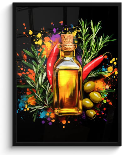 Poster in lijst - Fotolijst 50x70 cm - Posters - Olijfolie - Graffiti - Peper - Olijven - Modern - Posterlijst zwart - Decoratie - Wanddecoratie woonkamer - Muurdecoratie slaapkamer